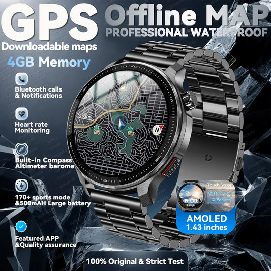 NOVO GPS Mapas Offline Smart Watch 1.43" AMOLED Militar Esportivo Smartwatch 4GB Memória Reprodutor de Vídeo Pulseira à Prova D'água 30m Natação