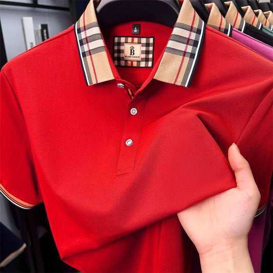 Luxury brand short sleeve polo shirt men's summer new silk cotton breathable fashion top casual business plaid lapel T-shirt