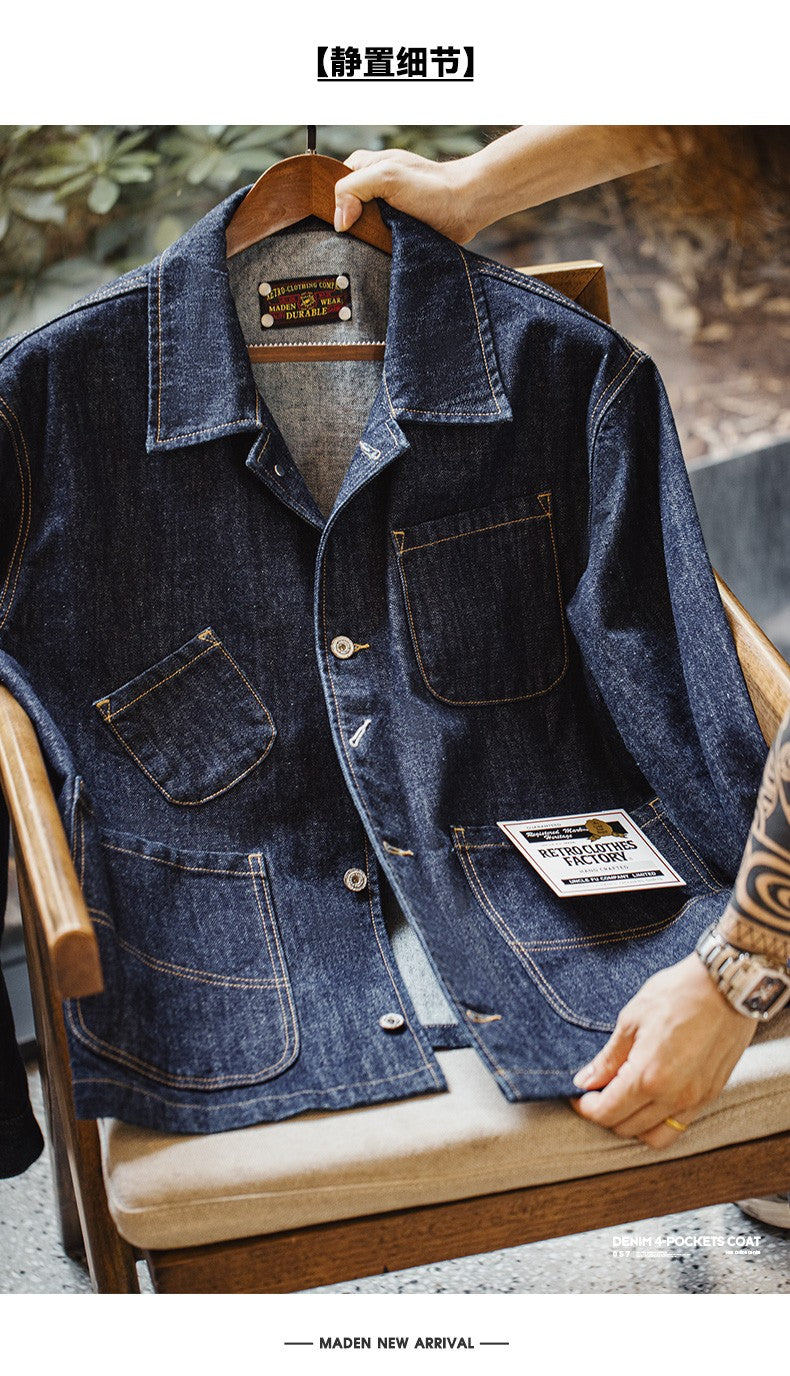 Maden Vintage Asymmetrical Four-pocket Design Denim Coat for Men 14OZ Single-breasted Turn-down Collar Jacket Autumn Work Coat