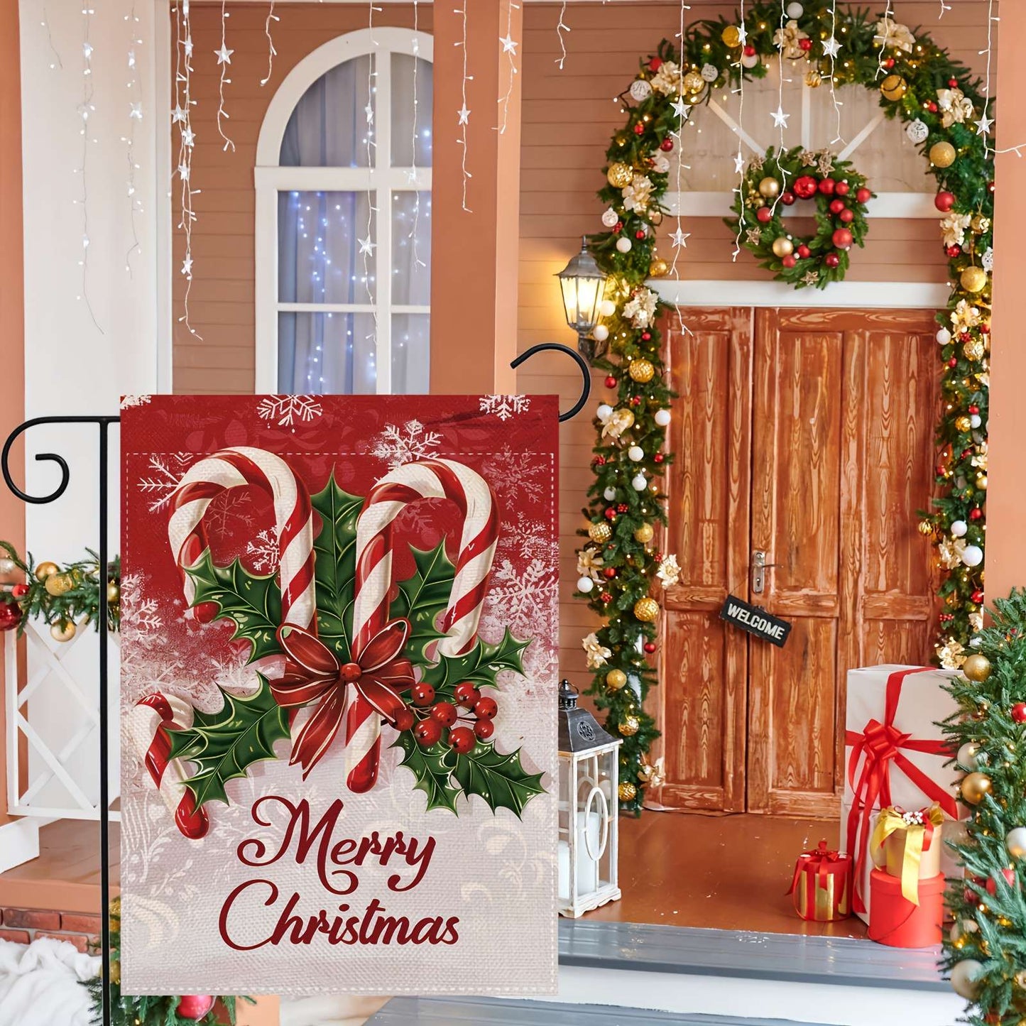 Merry Christmas Garden Flag Polyester Banner with Festive Holly Berries Cursive Letter Outdoor Garden Yard Christmas Decorations