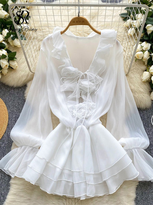 SINGREINY 3D Floral Beach Short Dress Female Long Sleeves Lace Up Ruffle Chiffon