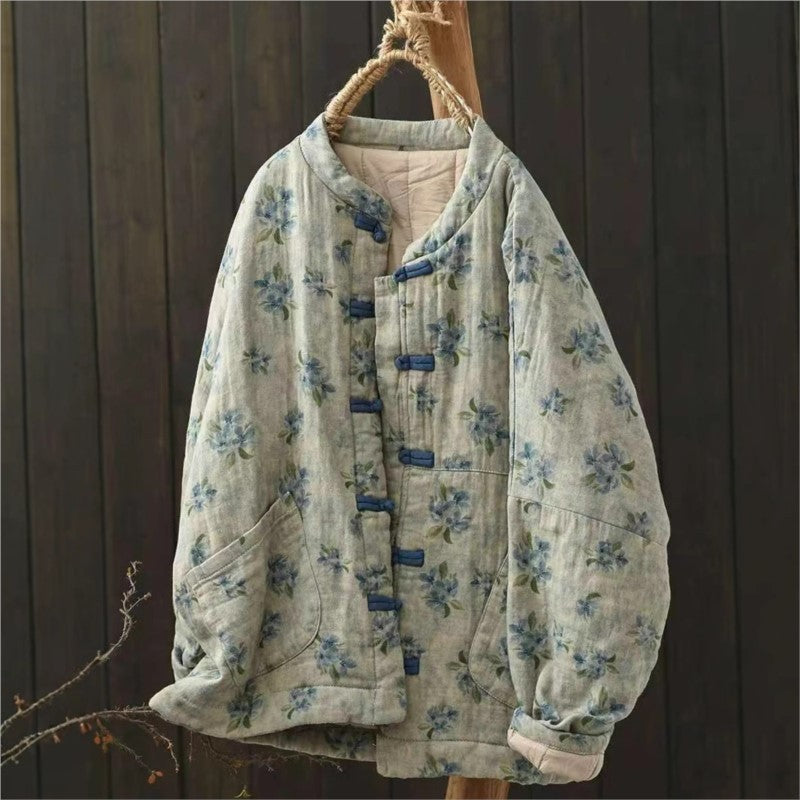 Johnature Vintage Buckle Floral Print Chinese Style Parkas 2025 Woman Winter New Long Sleeves Loose Single Breasted Parkas