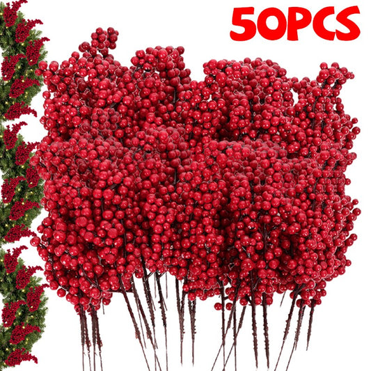60/1Pcs Christmas Red Berries DIY Holiday Wreaths Xmas Tree Decoration Festive Ornament Displays Artificial Red Berries Stems