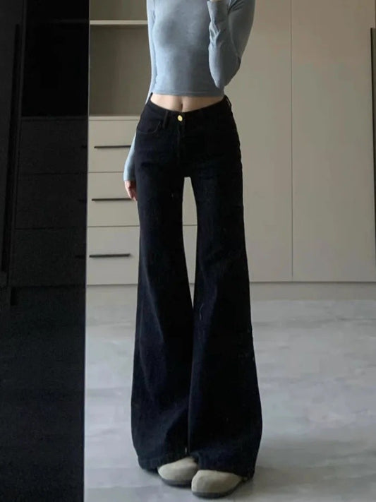 High Waist Loose Fit Bell Bottom Jeans Women's Black Slimming Denim Pants Spring 2025 Fashion Trend Wide Leg Casual Trousers