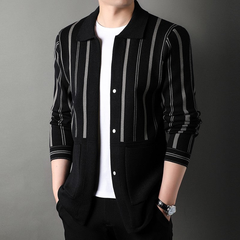 Knitted Cardigan Men's Minimalist Black and White Sweater Autumn and Winter New Slim Fit Sweater Youth Striped Jacket