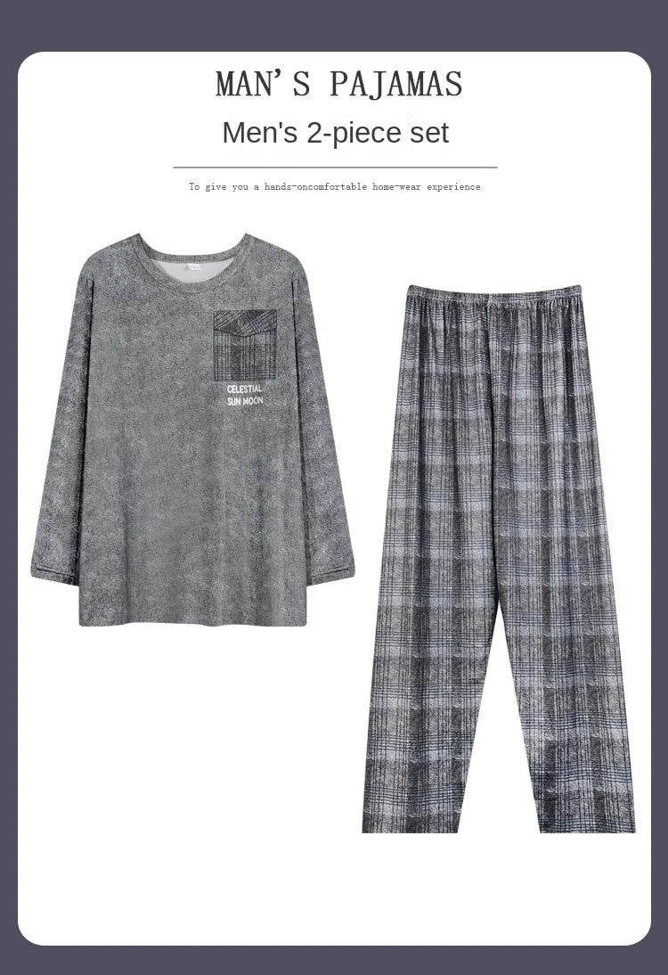 2PCS/Set Men Pajamas Long-Sleeved Korean Version of the Simple Button down Tops and Pants Nightwear Homewear Plaid Sleepwear
