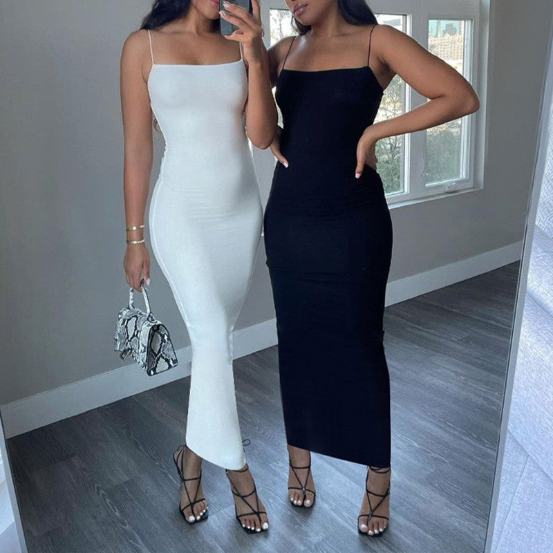 Summer Black Sexy Dress Women Streetwear Sleeveless Backless Solid Spaghetti Str