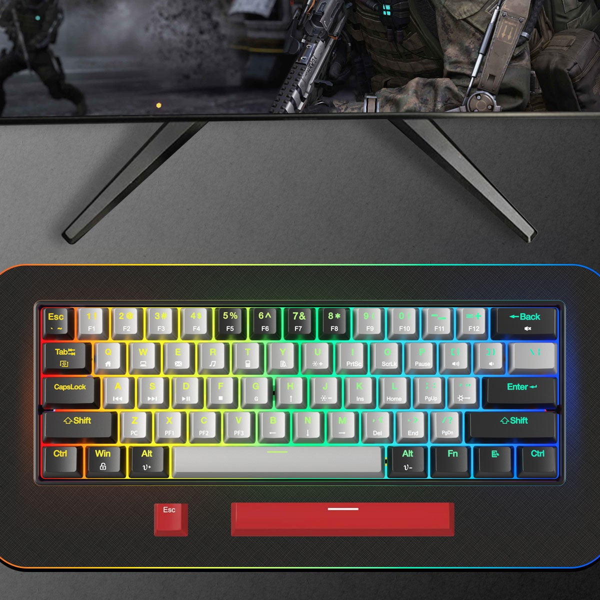 HUO JI Portable 60% Mechanical Gaming Keyboard,RGB LED Backlit Compact 61 Keys Mini Wired Office Red Switch Windows Laptop PC -