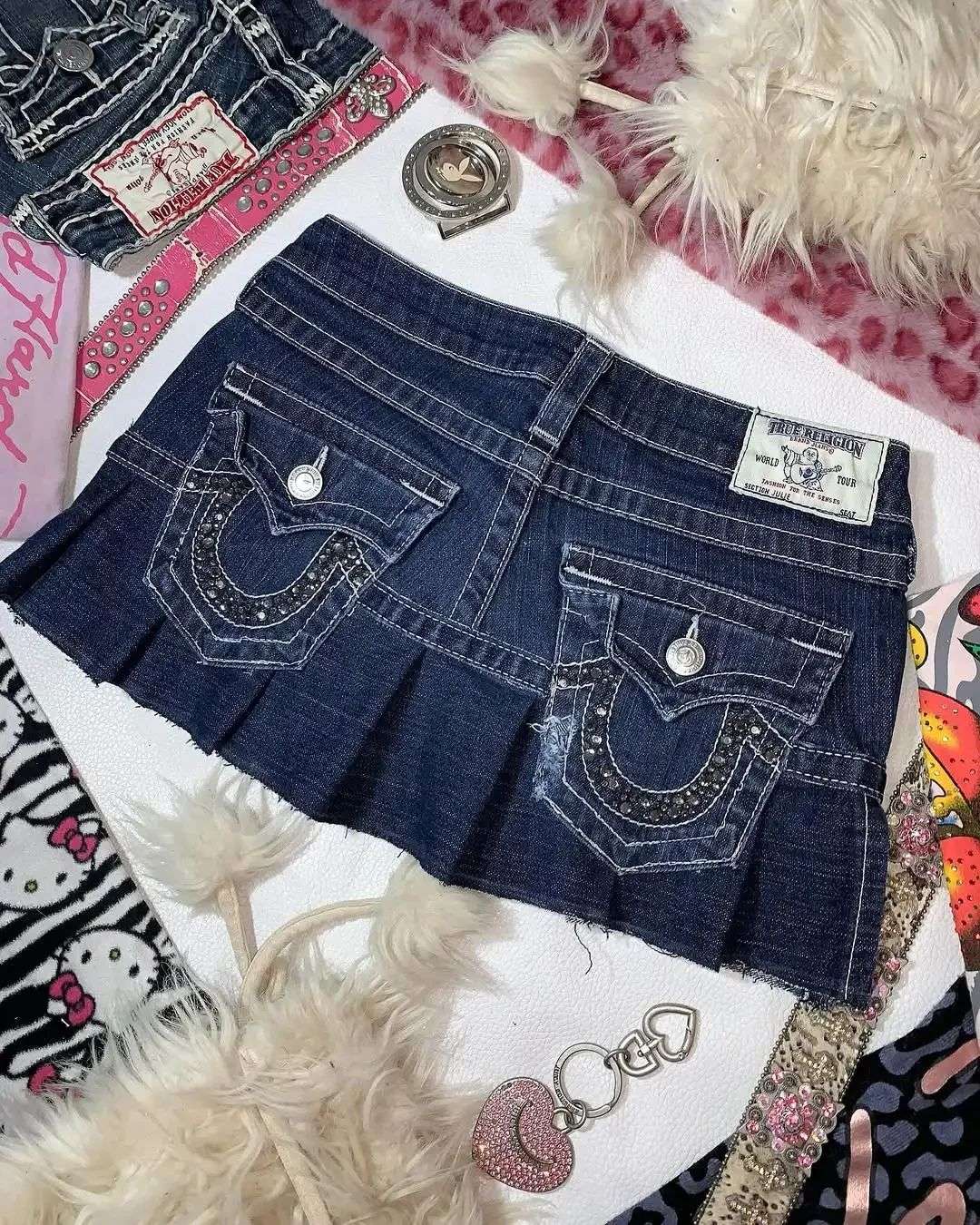 Gothic High Waisted Retro Y2k Skirt Letter Embroidery Patchwork Zipper Denim Ple