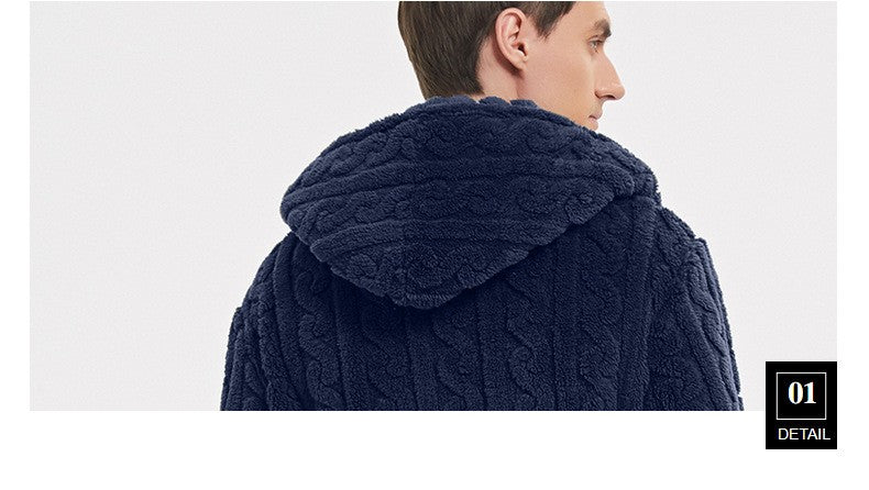 New American Cotton Velvet Jacquard Hooded Men's Dressing Gown with Fleece Thickened Autumn and Winter Couple Dressing Gown