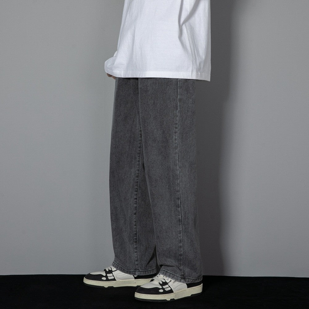 Korean Solid Colors Men's Casual Long Jeans Classic Man Four Seasons Straight Denim Wide-leg Pants Light Blue Grey Black 3XL