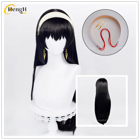 In Stock Synthetic Anime Yor Forger Cosplay Wig Long 80cm Black Straight Hair Yor Briar Heat Resistant Hair Halloween Party Wigs