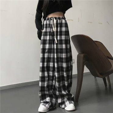 Women Black Plaid Wide Leg Pants Casual Hip Hop Elastic Waist Pockets Baggy Trousers Loose Vintage Y2K Sweatpants Streetwear