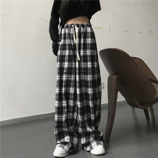 Women Black Plaid Wide Leg Pants Casual Hip Hop Elastic Waist Pockets Baggy Trousers Loose Vintage Y2K Sweatpants Streetwear
