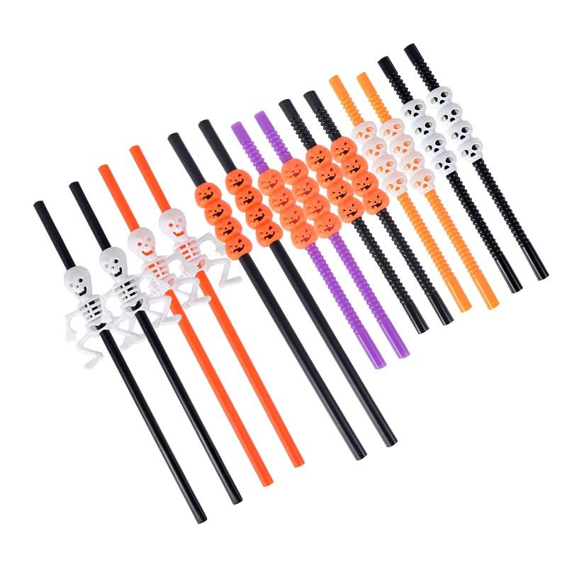 5Pcs Halloween Straws Reusable Plastic Pumpkin Skull Straw 2025 Halloween Bar Party Decoration Supplies Beverage Ornaments