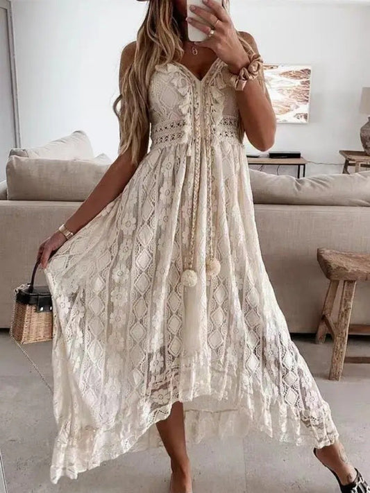 2024 Summer Lace Sleeveless Women Dress V Neck Hollow Out Elegant Loose Dresses