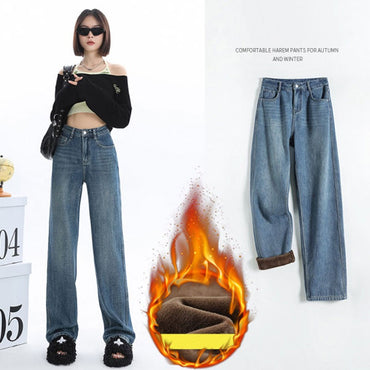 Winter Thick Women's Fleece Straight Jeans Casual Comfortable Soft Velvet Slim Pants Vintage Wide Plush Denim Trousers