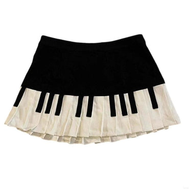 Y3NE Women Schoolgirl High Waist Pleated Flared Vintage Piano Print A Line Mini Skirt