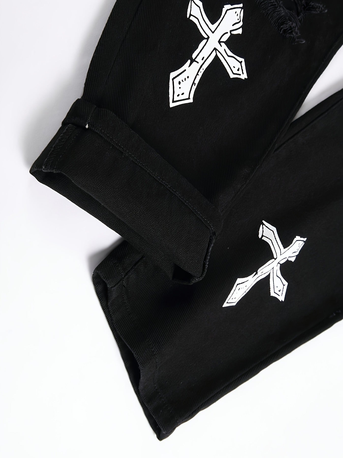 High street black youth cross print elastic hole patch tight jeans for men