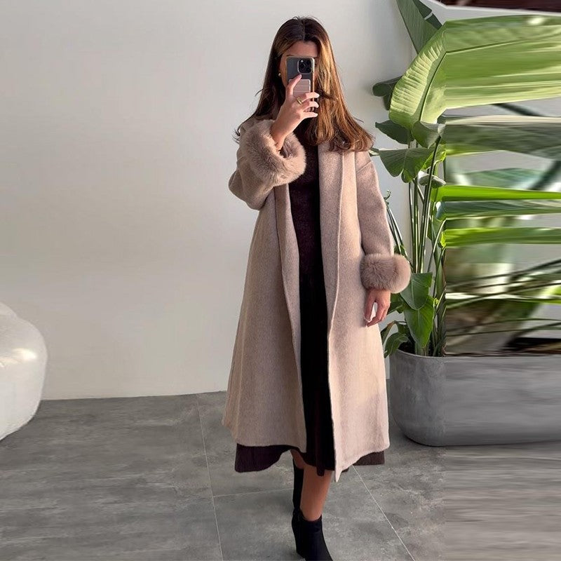 Elegant Faux Fur Cuffs Woolen Coat With Belt For Women Fashion Lapel Long Sleeve Lace Up Maxi Jacket Lady 2025 Autumn Outerwear