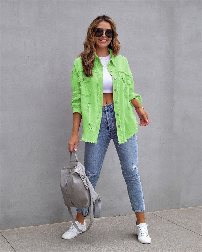2023 Holes Raw-edges Denim Jacket Women Spring Autumn Shirt Style Jeancoat Casual Top Rose-Red Orange Purple Outerwear Lady Coat