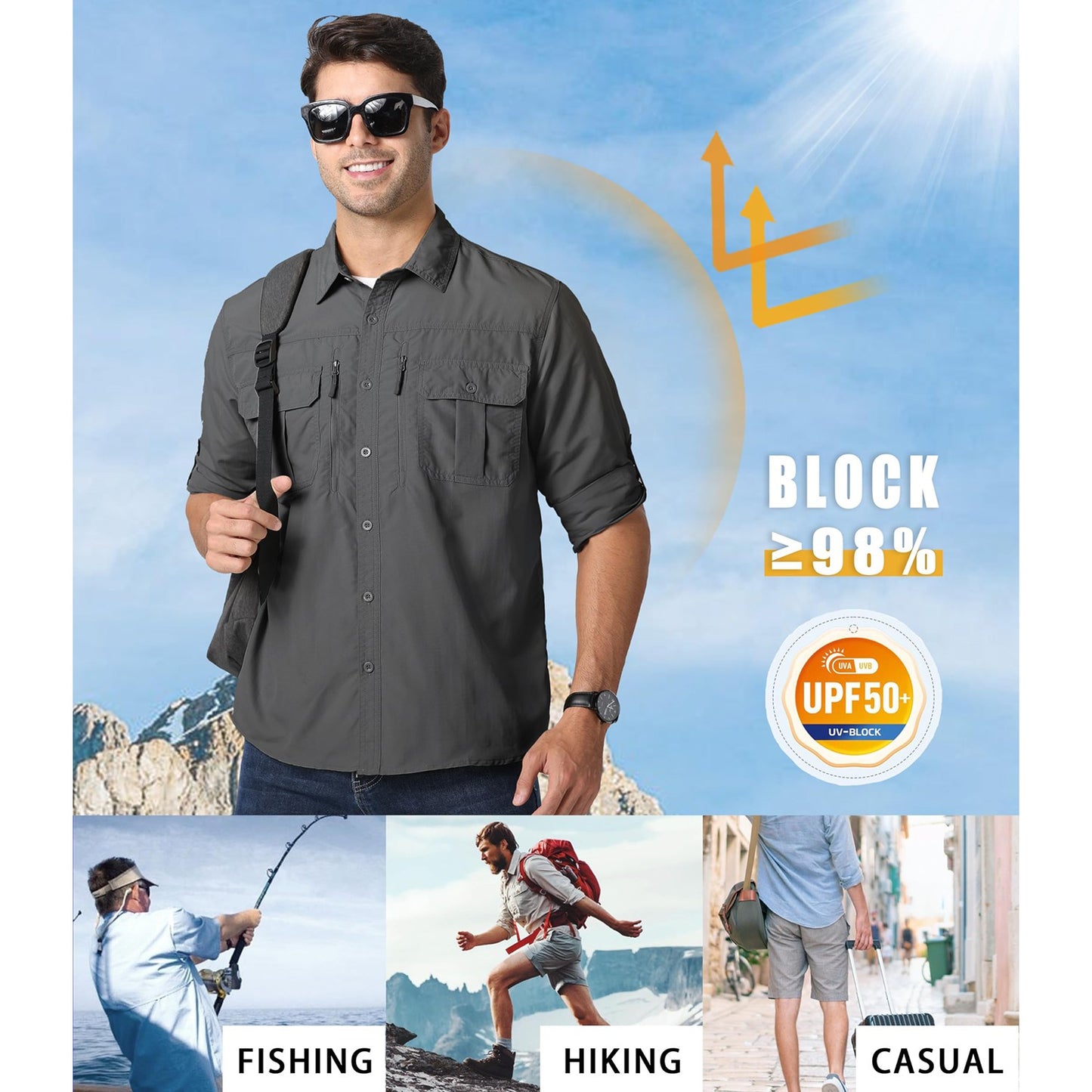 MAGCOMSEN UPF 50+ Mens Quick Dry Cargo Shirts Mesh Breathable Long Sleeve Work Shirts UV block Outdoor Hiking Fishing Shirts