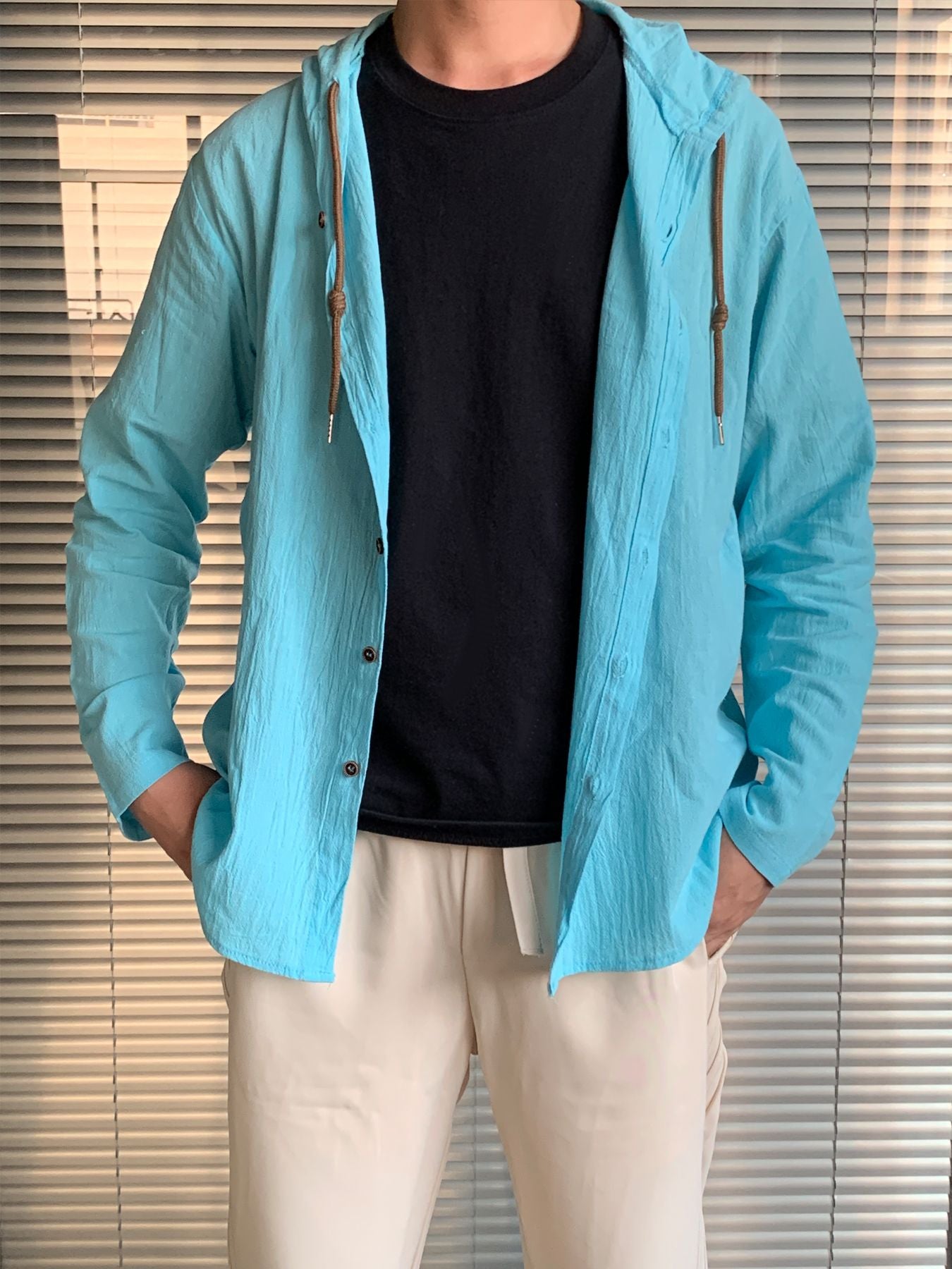 Summer Men's Cotton Linen Shirt Solid Streetwear Long Sleeve Hoodie Clothing For Men Button Tops Casual Loose Men Hooded Shirt
