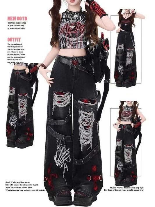 Y2K Red Gothic Hip-Hop Hole Vintage Jeans Girl High Street Trend American Baggy Wash Overall Belt Splicing Woman Wide-leg Pants