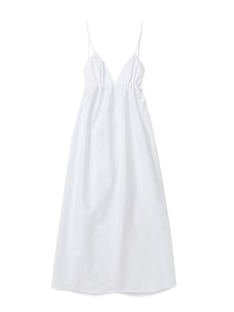 ZBZA Women's Backless Midi Dress Waistband V Neck Solid Pullover High Waisted Lo