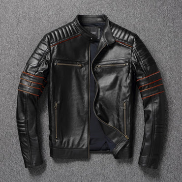 Men's Spring Original Leather Motorcycle Jacket 2025 Skull Embroidery Top Layer Cowhide Clothing Slim Fit Black Slim Male Coat