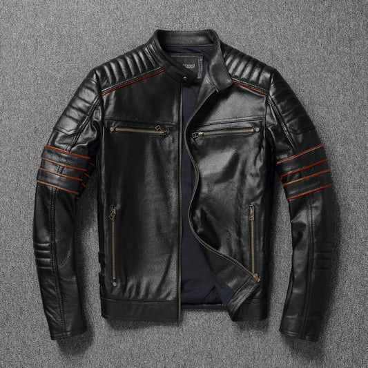 Men's Spring Original Leather Motorcycle Jacket 2025 Skull Embroidery Top Layer Cowhide Clothing Slim Fit Black Slim Male Coat