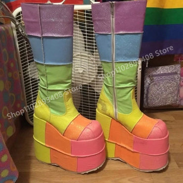 Lolita Cosplay Mutilcolor Thickness Mid Calf Boots Platform Wedges High Heel Women Shoes 2025 Fashion Sexy Zapatos Para Mujere