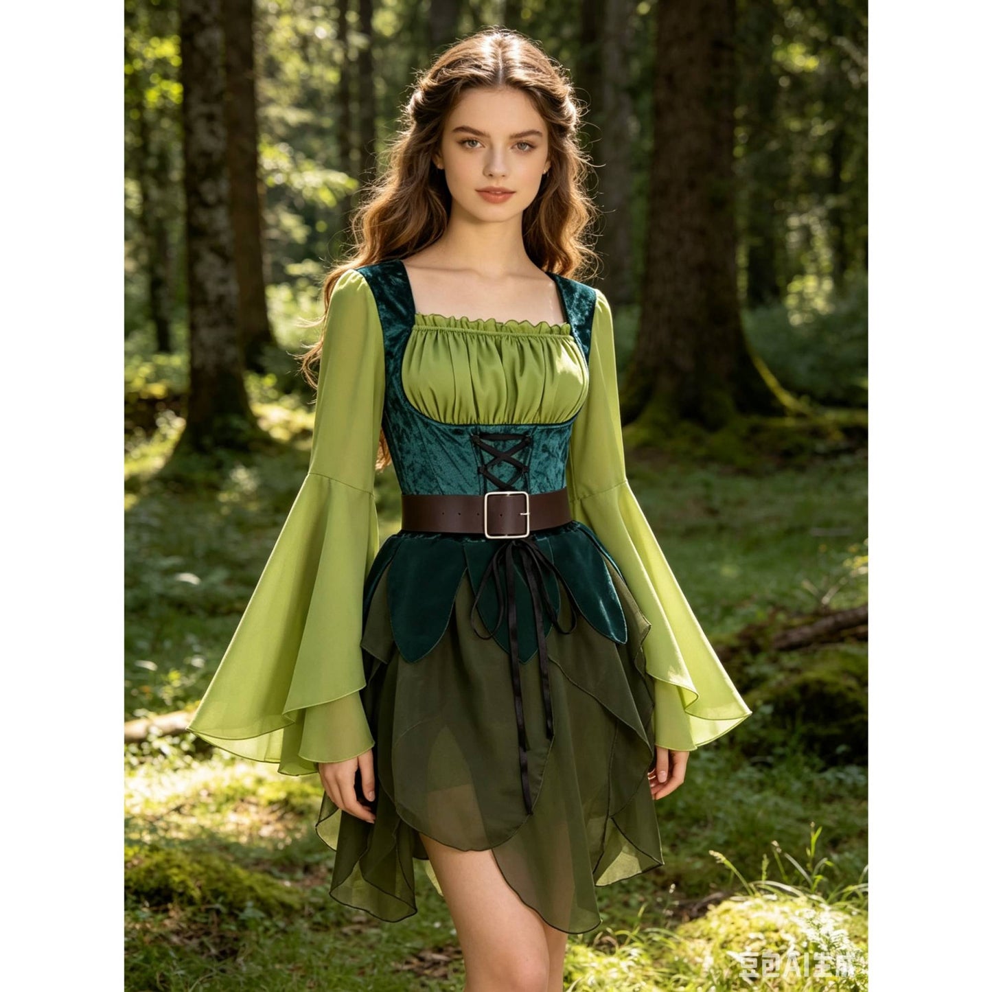 Women's Elf Medieval Green Fairy Dress Magical Elf Dress and Belt with Wings Halloween Cosplay Costumes Elf Cosplay costume