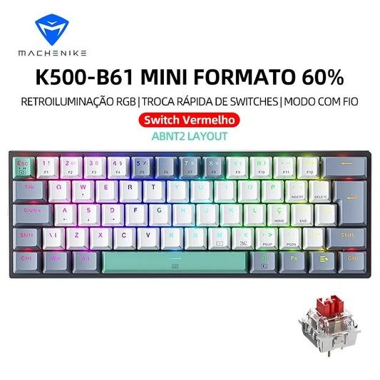 Teclado Mecânico Mini Machenike K500-B61 60% Layout ABNT2 Retroiluminação RGB Hot-swappable NKRO Com Fio Para Jogos Gamer PC