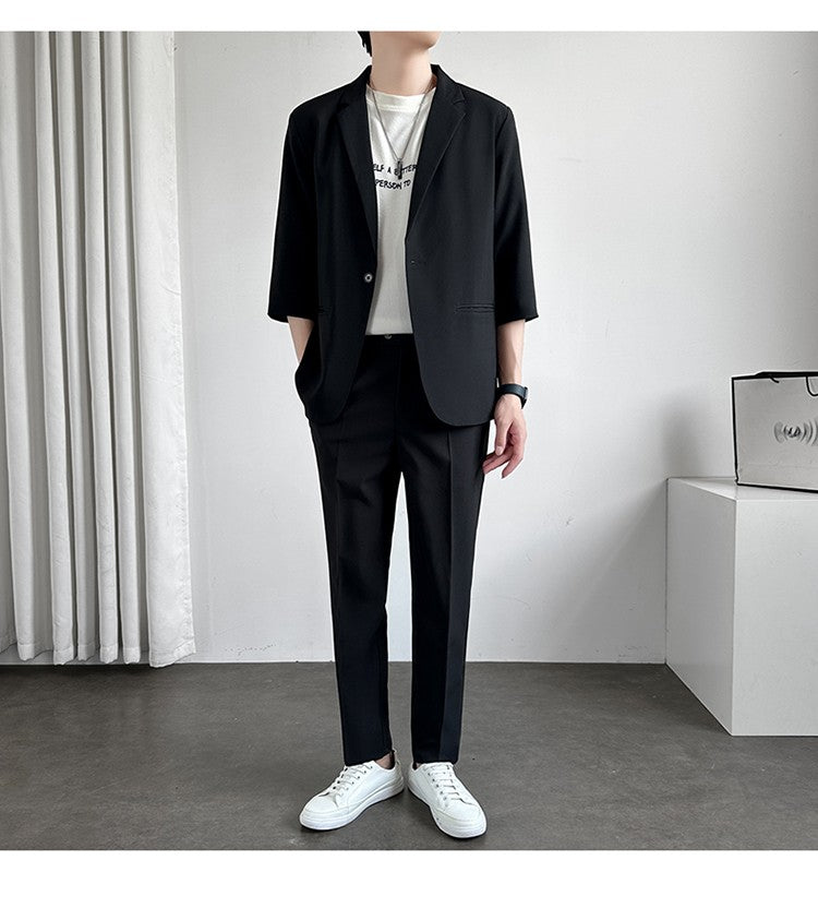 Men's Casual Seven-Five Sve Suit Jaet Thin Summer Faionable Korean Sle Five-Five ort Sve Small Western Clothes