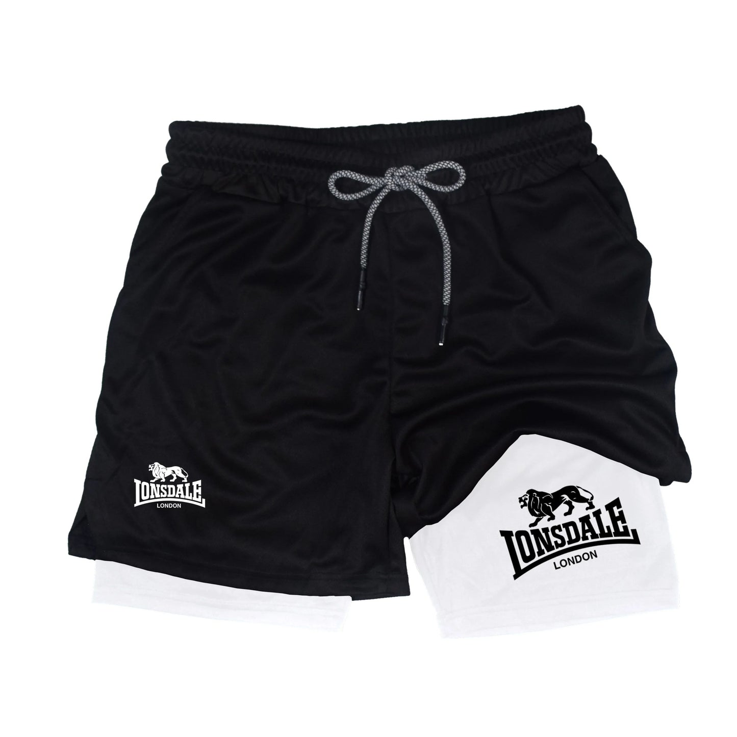 2 in 1 Running Shorts Men Workout Lonsdale Compression Shorts with Phone Pocket Towel Loop Summer Sport Athletic Activewear