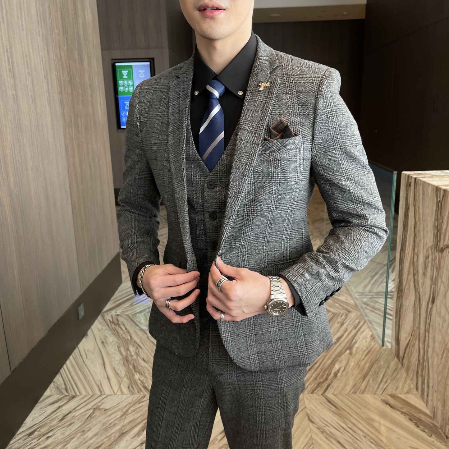 British Korean Style High Quality Modified Plaid Three-Piece Suit for Men - Stylish Business Casual Suit Vest And Trousers Set