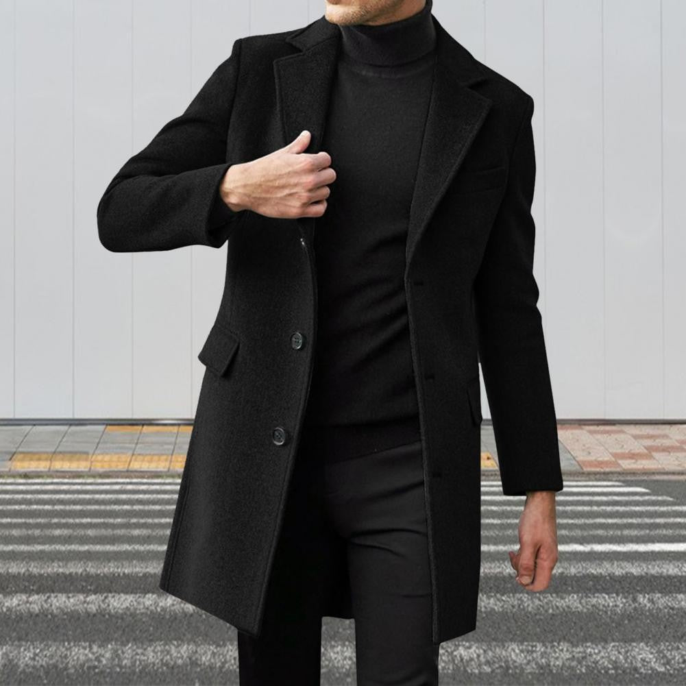 British Style Men Woolen Coat Flap Pockets Single breasted Elegant Men Trench Coat Mid length Long Winter Warm Overcoat