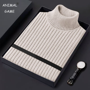 Autum Men's Slim Fit Pullover Sweaters Long Sleeve Turtleneck Sweater Casual Stripe Knitted Winter Warm Outdoor Streetwear