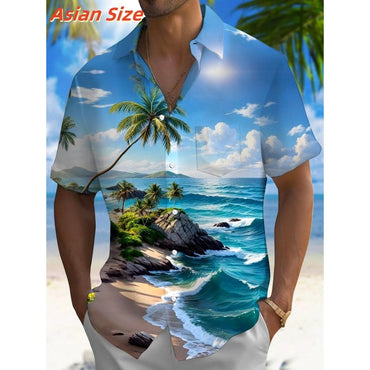 Ocean Beach Pattern Lapel Shirt For Men Coconut Tree 3D Printed Hawaiian Shirts Fashion Short Sleeve Tops Harajuku Button Blouse