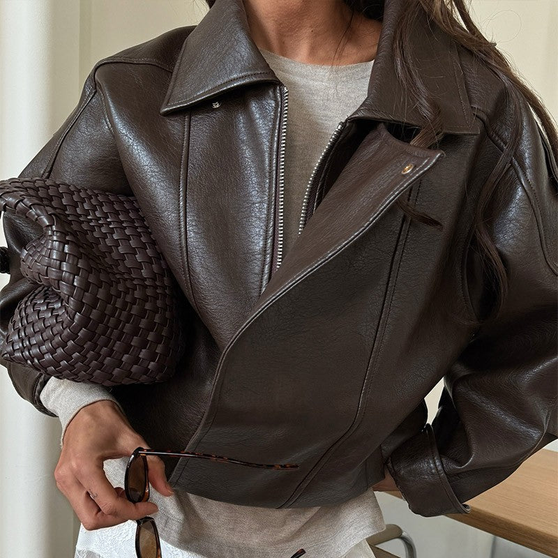 Chic Casual Brown Short Leather Jacket Fashion Solid Color Collar Zipper Pocket Loose Jackets Daily Commuting Street Outerwear