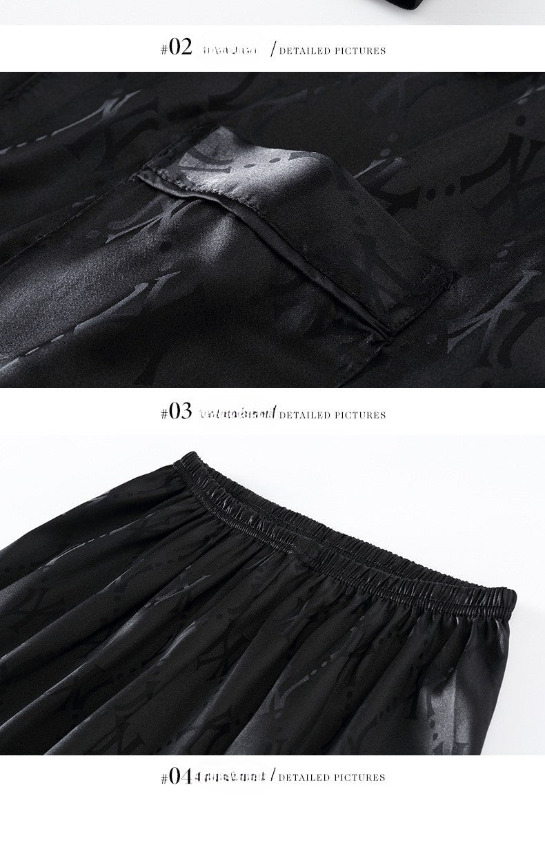 Plus Size Men's Pajama Suit Long Sleeve Silk Jacquard Pattern Premium Black Suit Lapel Top Long Pants Sleepwear Loungewear