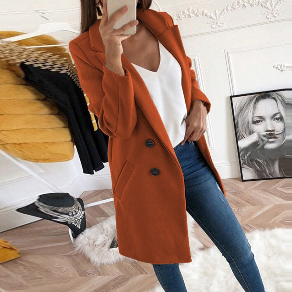 2024 European and American New Solid Color Lapel Mid length Button Woolen Coat for Women