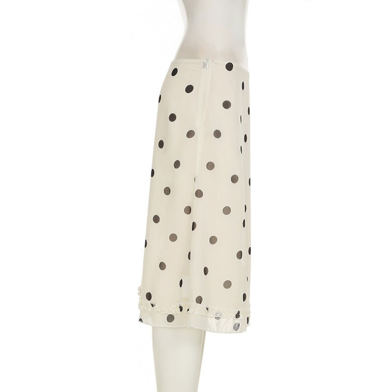 BIIKPIIK Casual Women Polka Dot Skirts Lettuce Trim Beige Elegant Midi Skirts St