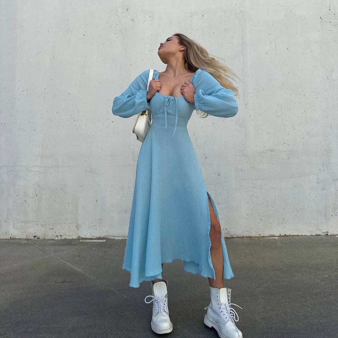 Lace-up Square Collar Sexy Dress Women Autumn Lantern Sleeve Solid Cotton Slit R