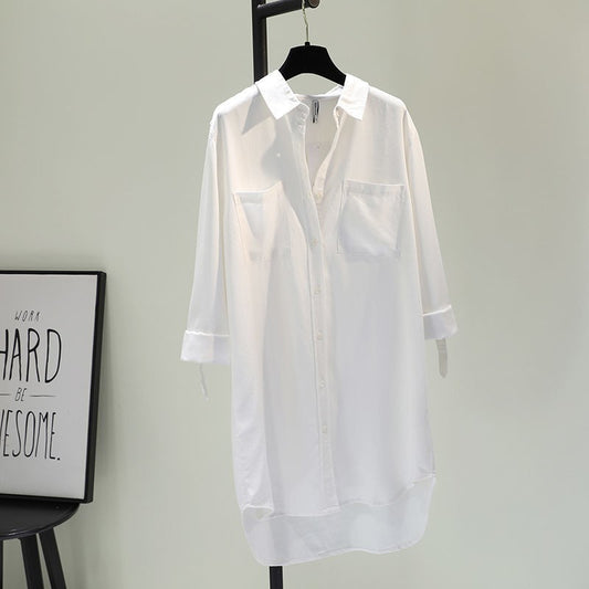 Fashion Women's Clothing Shirt Medium Long Containing Cotton Shirt Loose Fit Long Sleeve Double Pocket Rolled Sleeve Thin Blouse