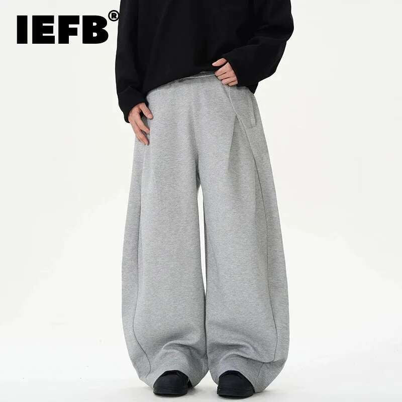 IEFB Pleated Design Men's Casual Pants Solid Color Elastic Waist Wide Leg Sweatpants Silhouette All-match Male Bottom New 9W1052