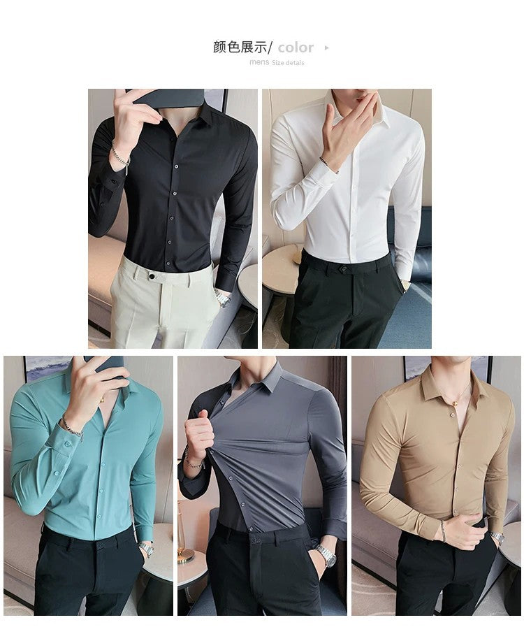 Men's Long Sleeved Elastic Shirt No Ironing Business Wear Professional Workwear Stand Up Collar Shirt Casual Solid Color Shirt