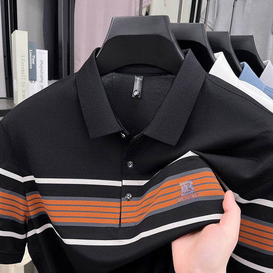 Advanced trend brand men's short sleeve polo shirt luxury striped summer breathable casual fashion letter embossed new T-shirt