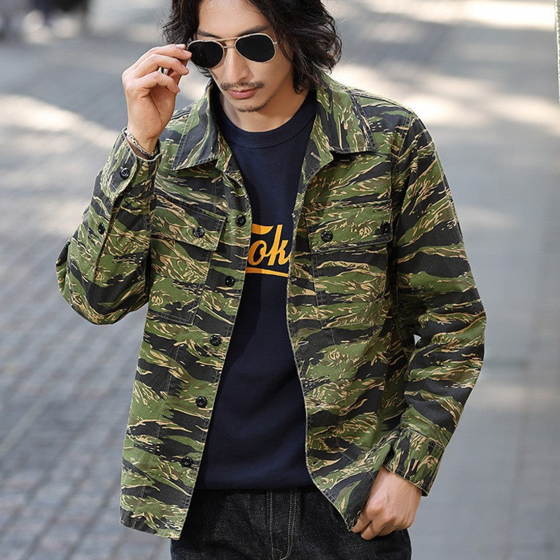 2025 Spring Men's Tiger Stripe Camo Camouflage Cargo Shirt Fashion Work Engineer Long Sleeved Shirt Jacket With Double Pockets